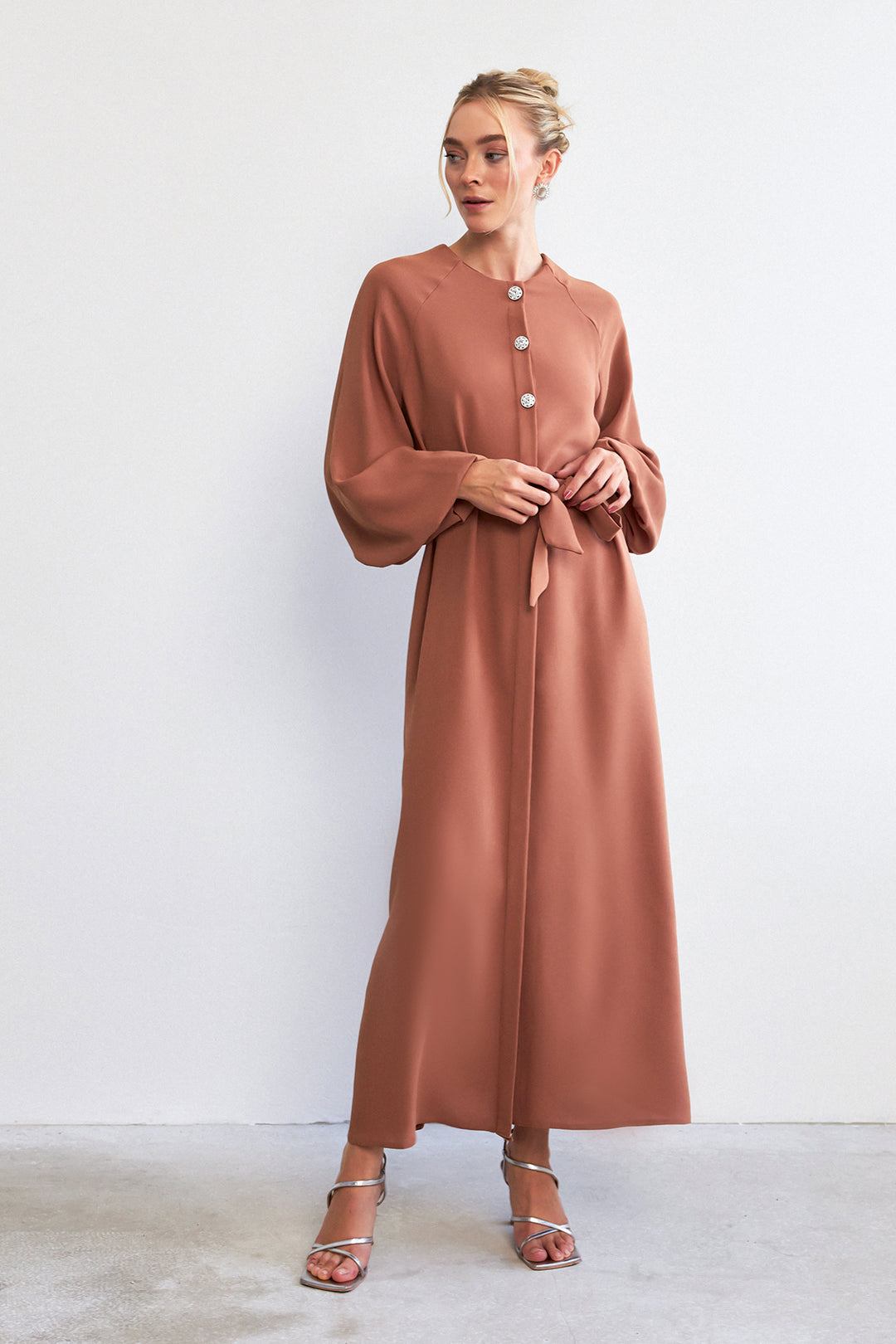 ZRF Women Balloon Sleeve Buttoned Abaya Dress - Camel - West Haven