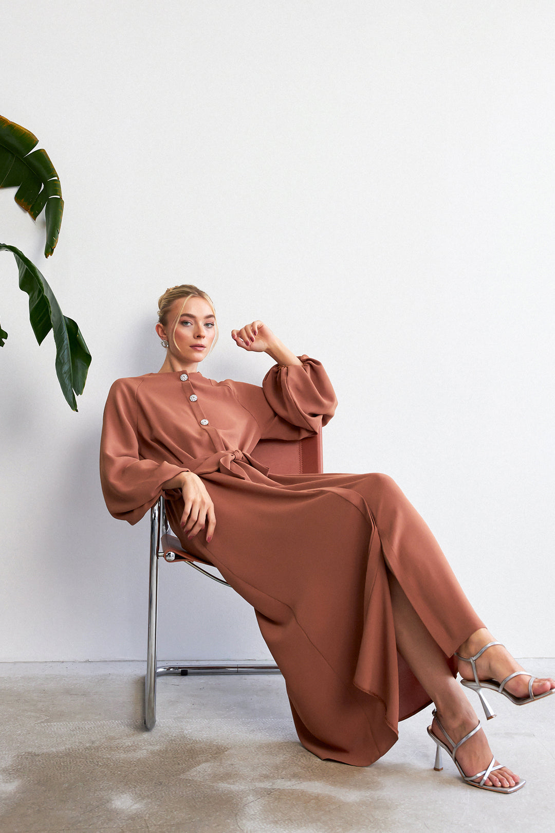 ZRF Women Balloon Sleeve Buttoned Abaya Dress - Camel - West Haven