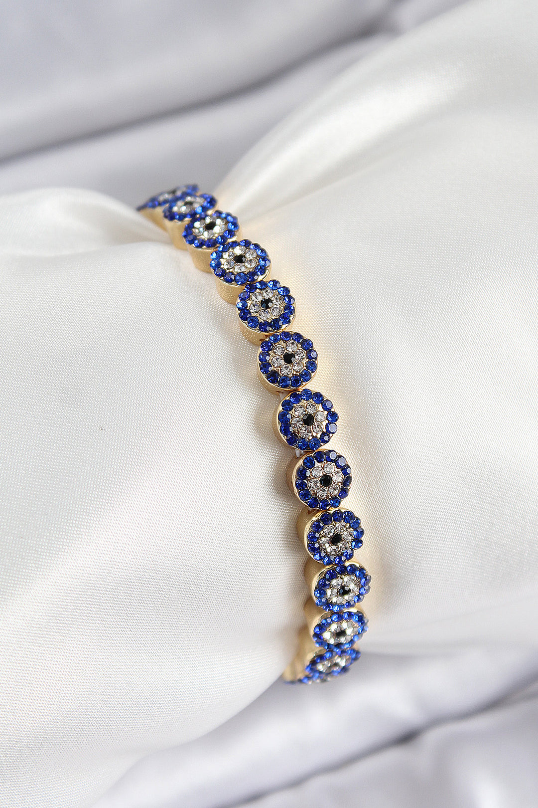 EBJ Rice Zircon Stone Navy Evil Eye Model Gold Color Elastic Women's Bracelet - Conway