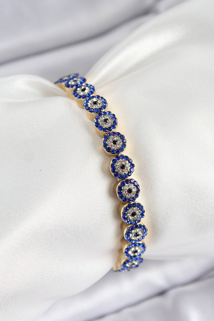 EBJ Rice Zircon Stone Navy Evil Eye Model Gold Color Elastic Women's Bracelet - Conway