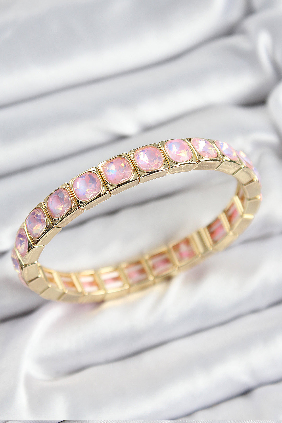 EBJ Rice Pink Zircon Stone Square Model Gold Color Elastic Women's Bracelet - Carol Stream