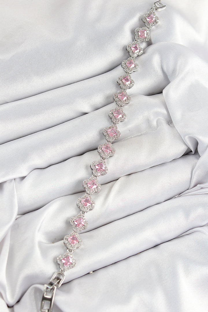 EBJ Rice Zircon Stone Pink Clover Baguette Model Silver Color VIP Series Women's Bracelet - Hampstead