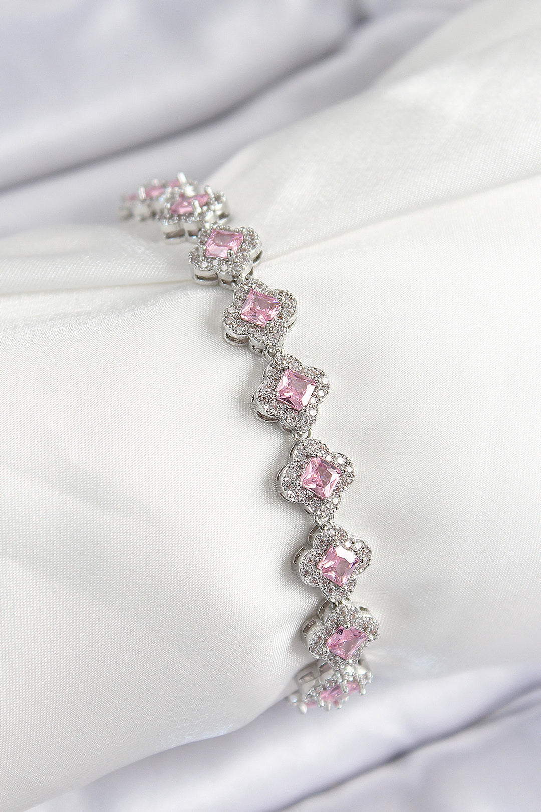 EBJ Rice Zircon Stone Pink Clover Baguette Model Silver Color VIP Series Women's Bracelet - Hampstead