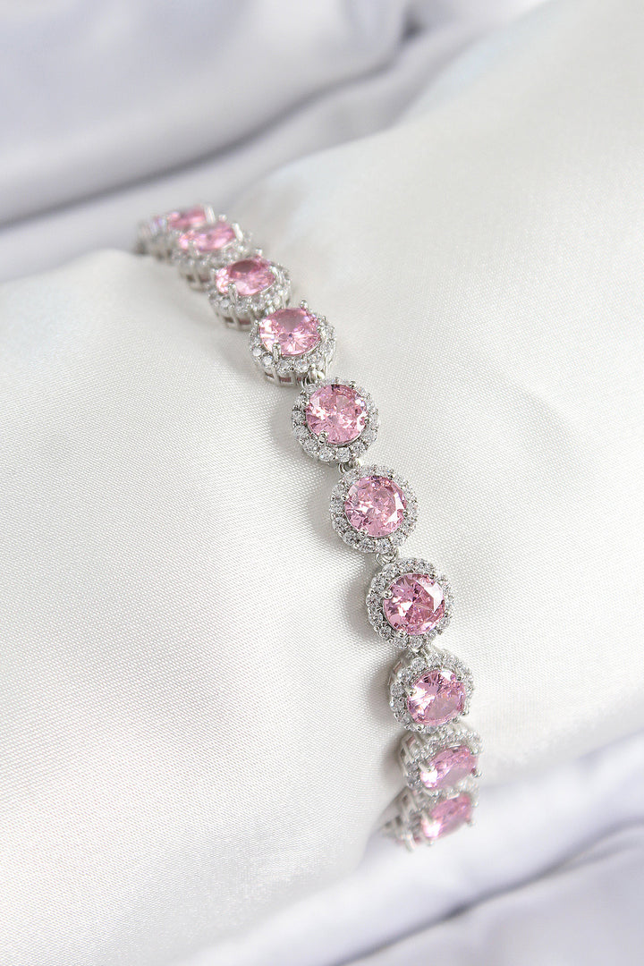 EBJ Rice Pink Zircon Stone Round Baguette Model Silver Color VIP Series Women's Bracelet - Tyler