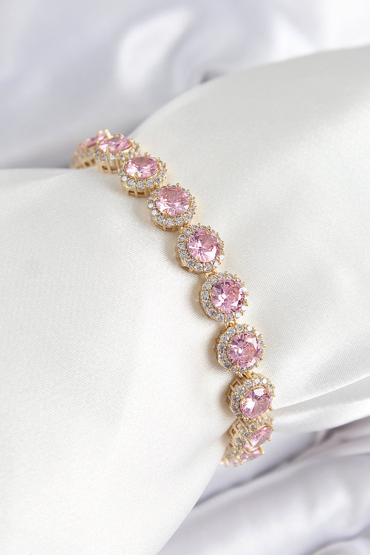 EBJ Rice Pink Zircon Stone Round Baguette Model Gold Color VIP Series Women's Bracelet - Altrincham