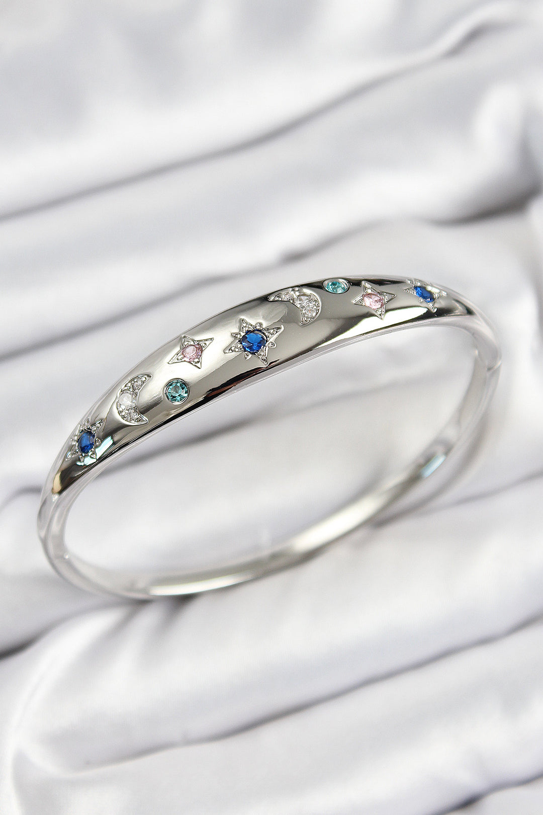 EBJ Silver Color Women's Cuff Bracelet with Rice Zircon Stone Polar Star and Crescent Moon Model - Tulare