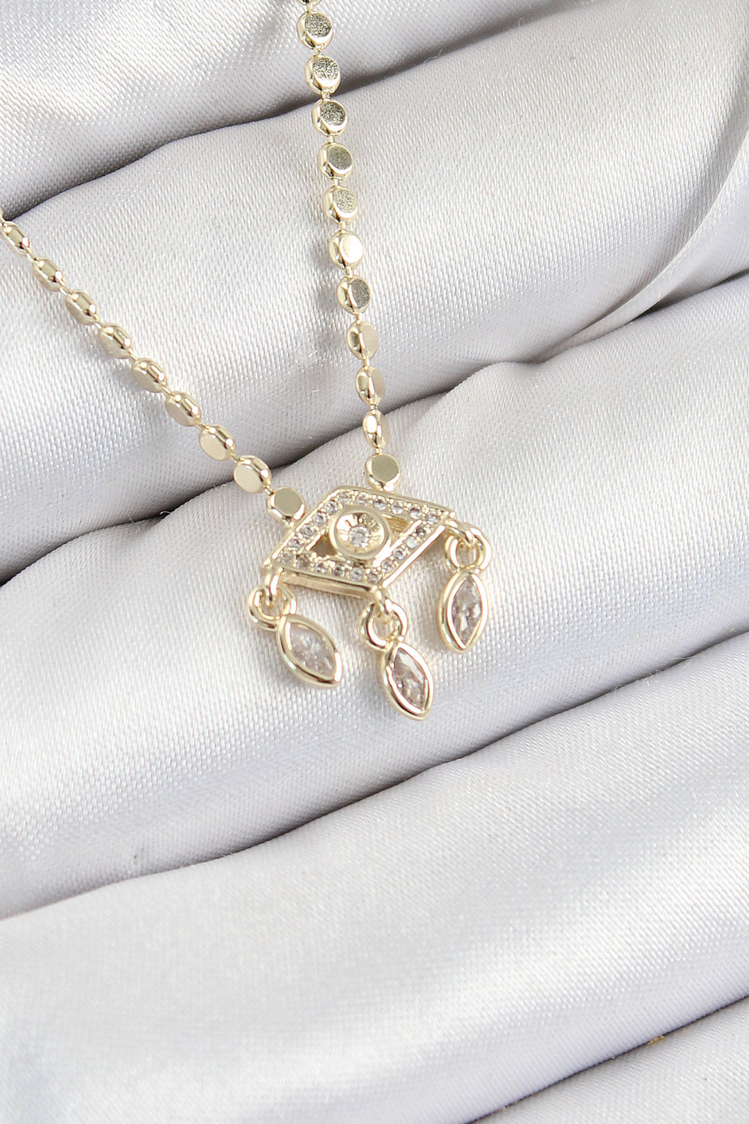 EBJ Rice Zircon Stone Pendant Eye Model Hammered Chain Gold Color Women's Necklace - Tezonapa