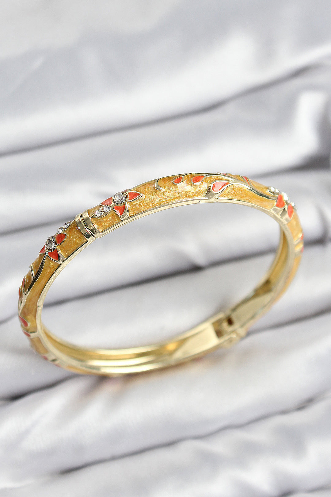 EBJ Enamel Rice Zircon Stone Mustard Flower Motif Gold Women's Cuff - Evans