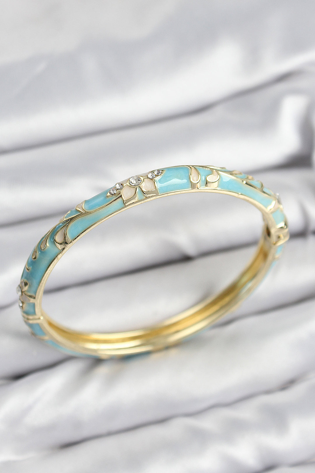 EBJ Enamel Rice Zircon Stone Turquoise Flower Motif Gold Women's Cuff - Brea