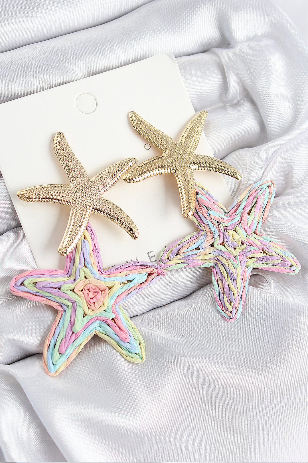 EBJ Rice Grain Shaking Rainbow Starfish Pattern Gold Color Mesh Earrings - Halle