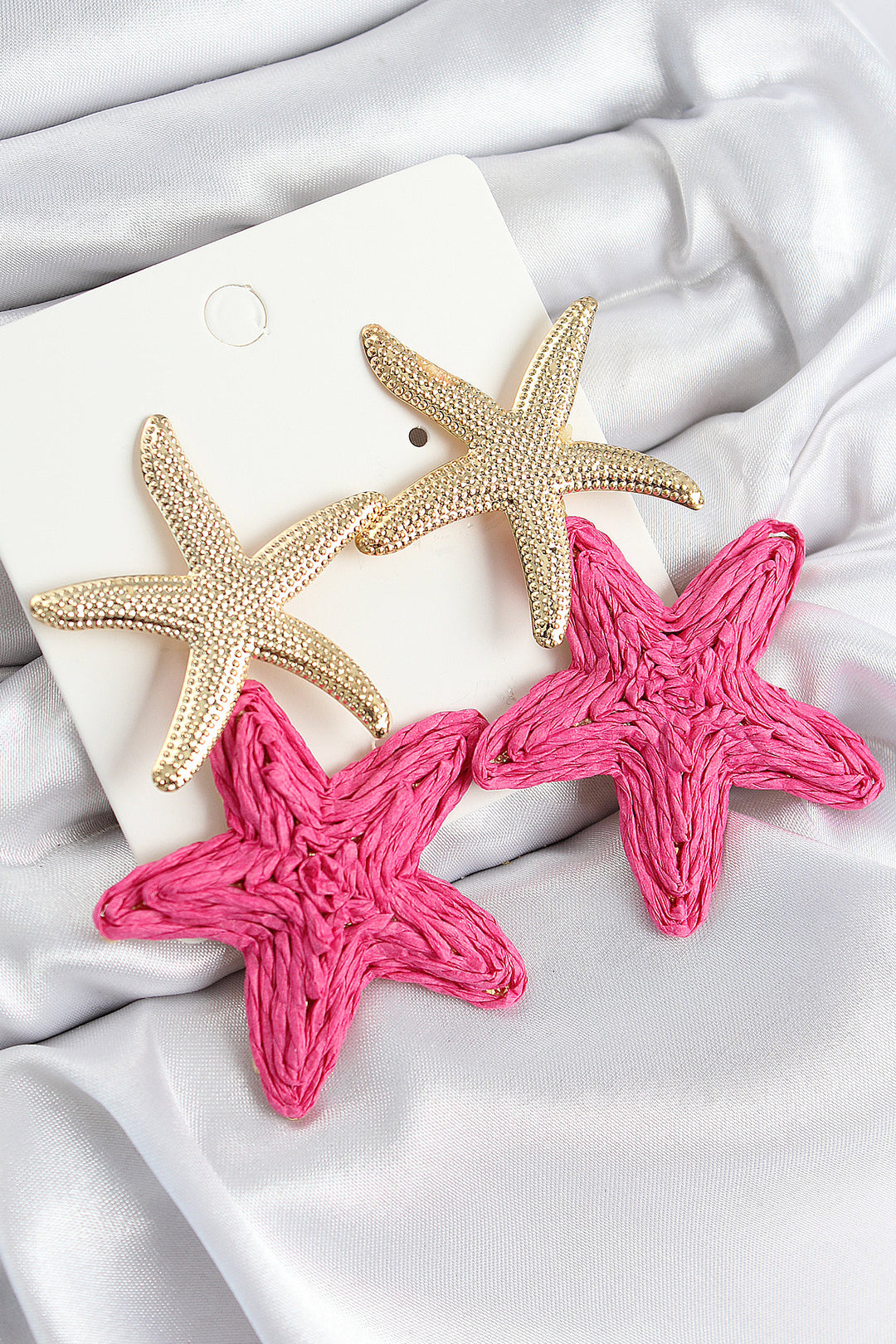 EBJ Rice Grain Pink Starfish Pattern Gold Color Wicker Earrings - Marietta