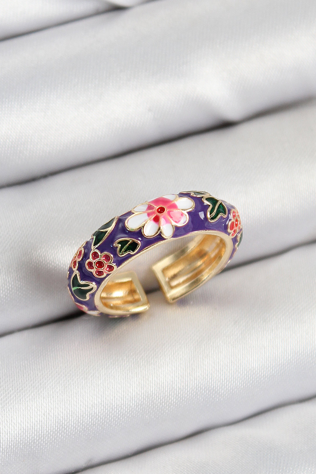 EBJ Rice Purple Enamel Flower Motif Gold Color Adjustable Women's Ring - Norwalk