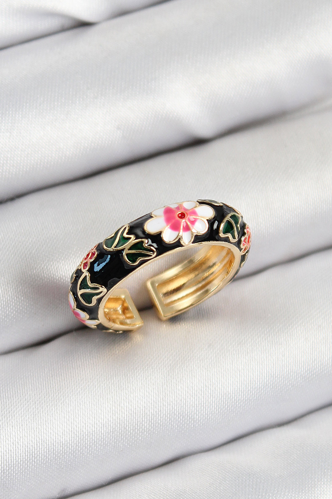 EBJ Rice Black Enamel Flower Motif Gold Color Adjustable Women's Ring - Fort Wayne