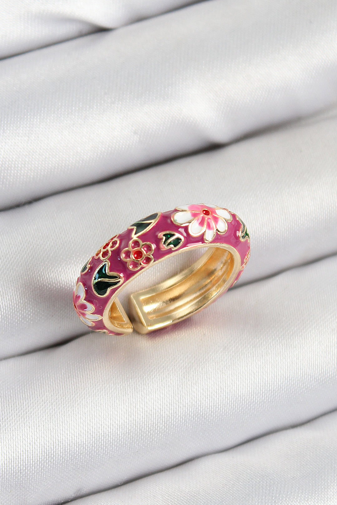EBJ Adjustable Women's Ring with Gold Color and Rice Fuchsia Enamel Flower Motif - García
