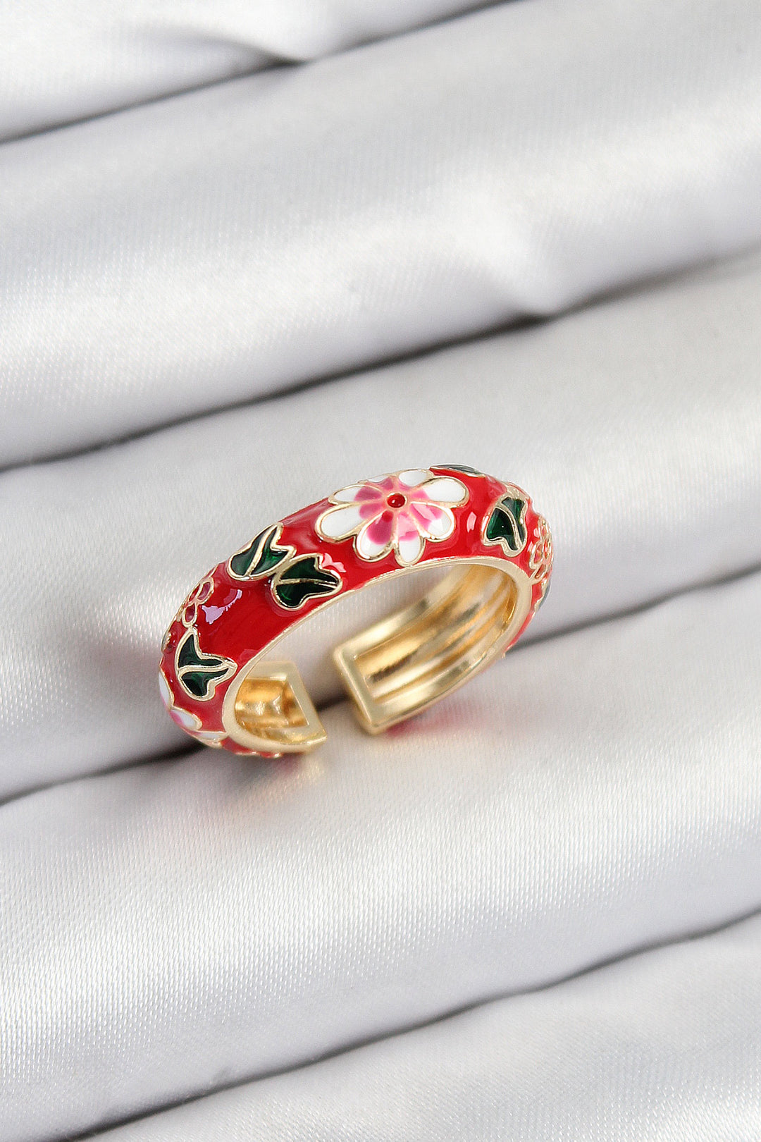 EBJ Rice Red Enamel Flower Motif Gold Color Adjustable Women's Ring - Raleigh