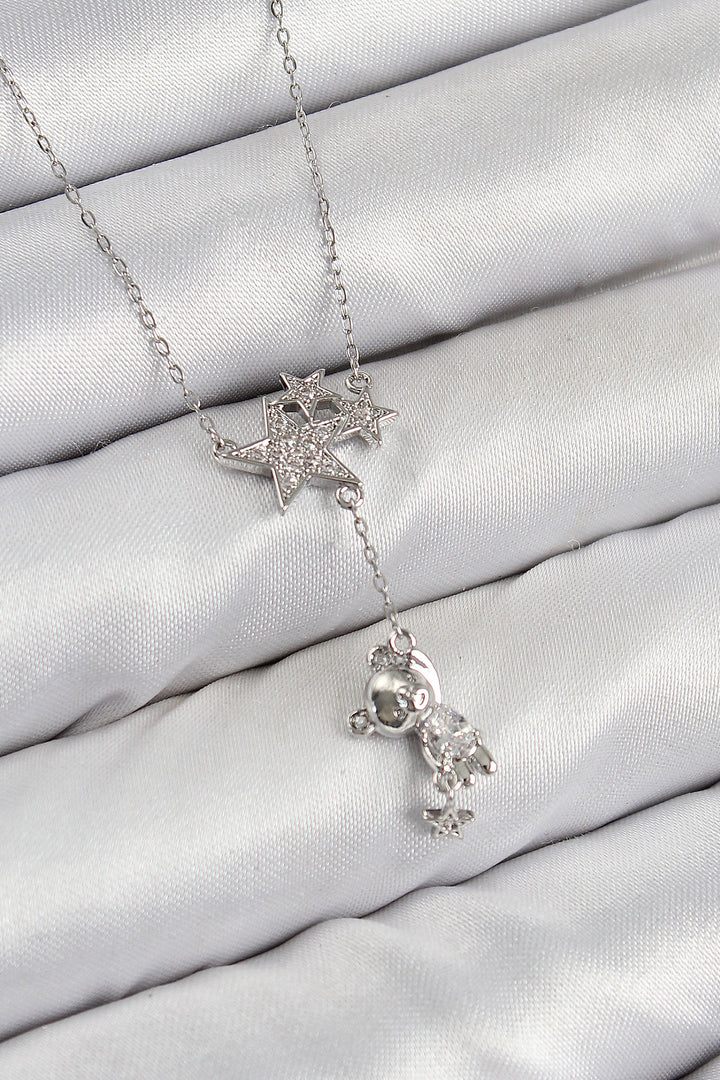 EBJ Rice Zircon Stone Pendant Star Model Silver Color Women's Necklace with Bear - Silves