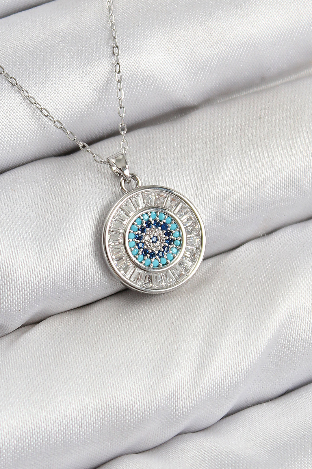 EBJ Rice Zircon Stone Waterway Evil Eye Model Silver Color Women's Necklace - Burnaby