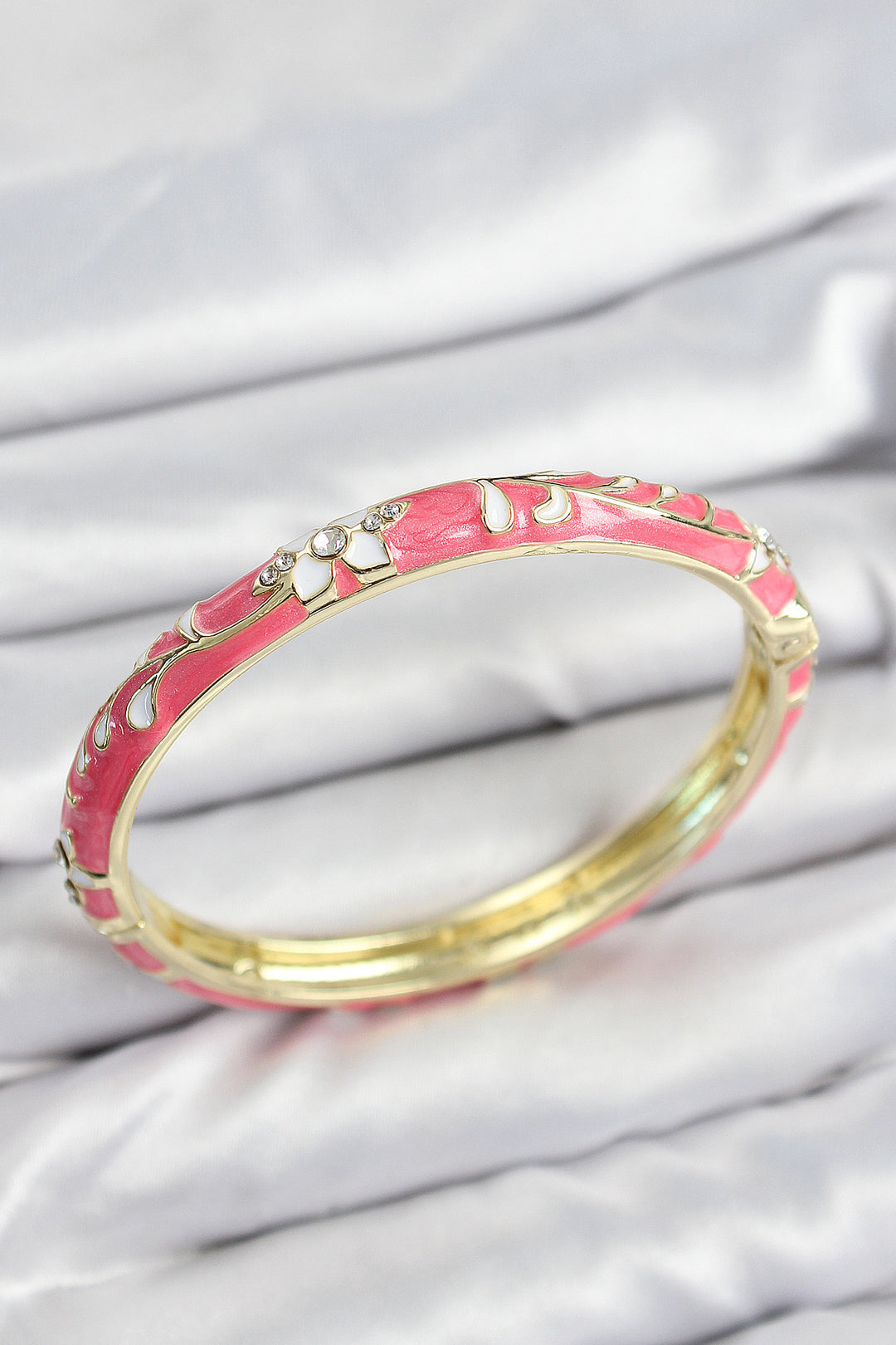 EBJ Enamel Rice Zircon Stone Pink Flower Motif Gold Women's Cuff - Coyula