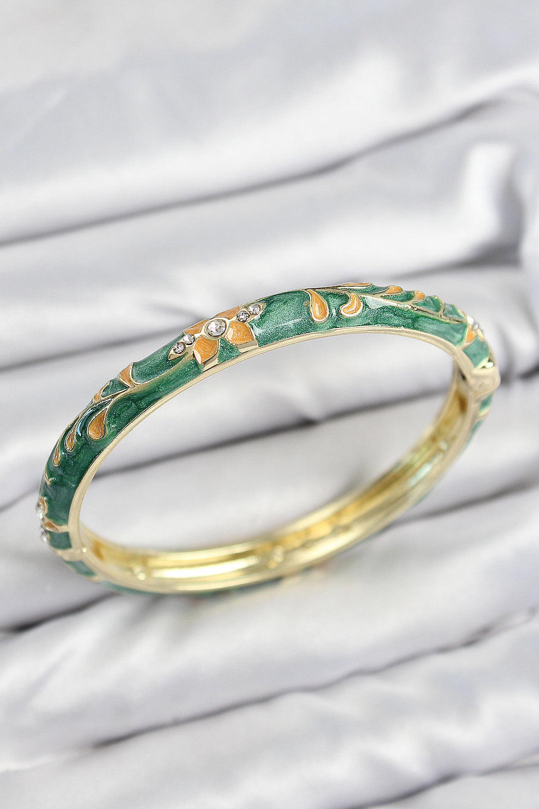 EBJ Enamel Rice Zircon Stone Green Flower Motif Gold Women's Bracelet - Felgueiras