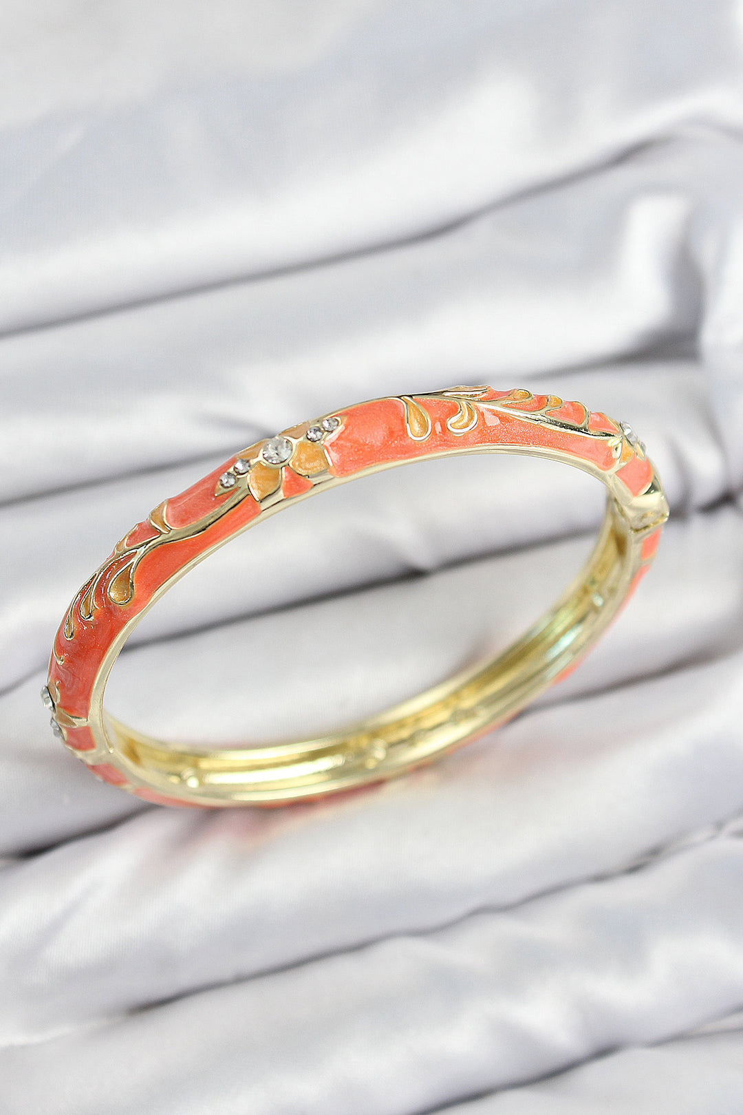 EBJ Enamel Rice Zircon Stone Orange Flower Motif Gold Women's Cuff - Chatham