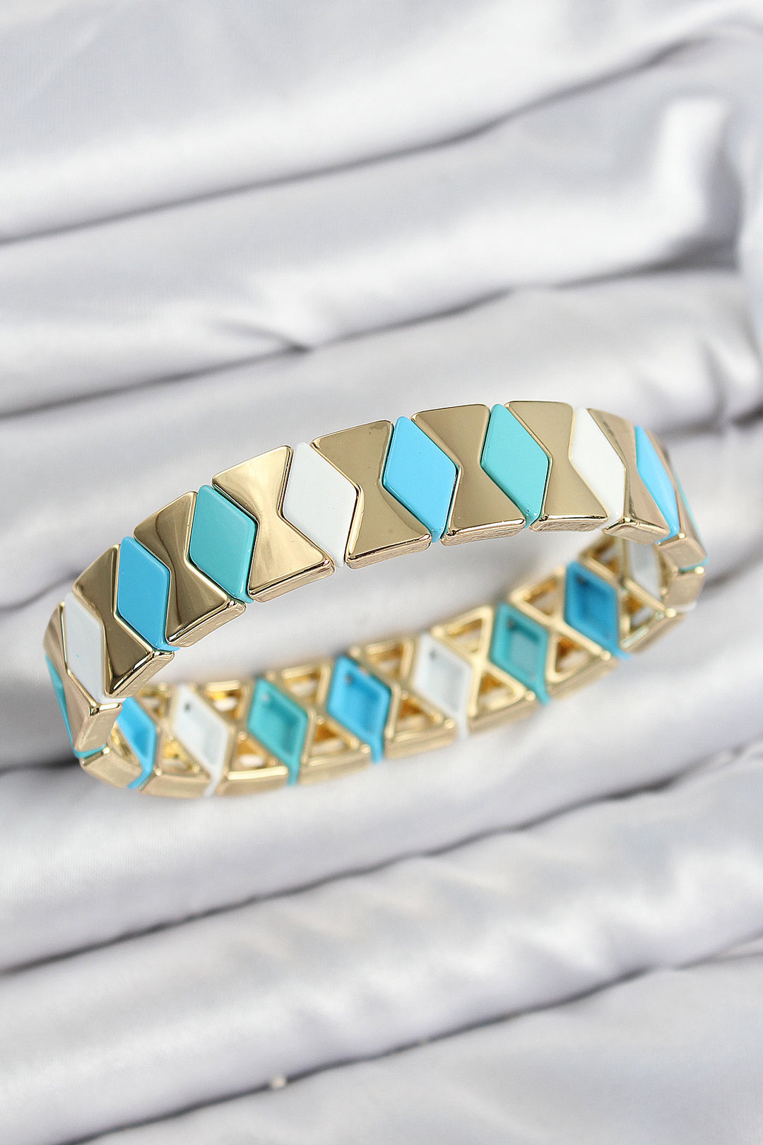 EBJ Rice Baklava Patterned Blue White Gold Color Elastic Women's Bracelet - Clovis