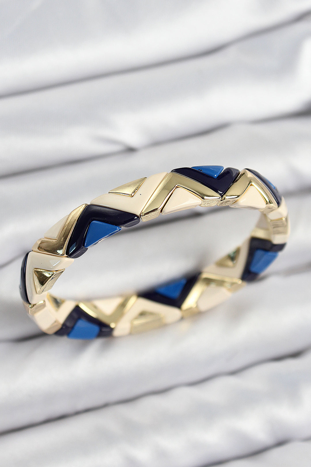 EBJ Rice Zigzag Patterned Navy Cream Black Gold Color Elastic Women's Bracelet - Santurce-Antiguo