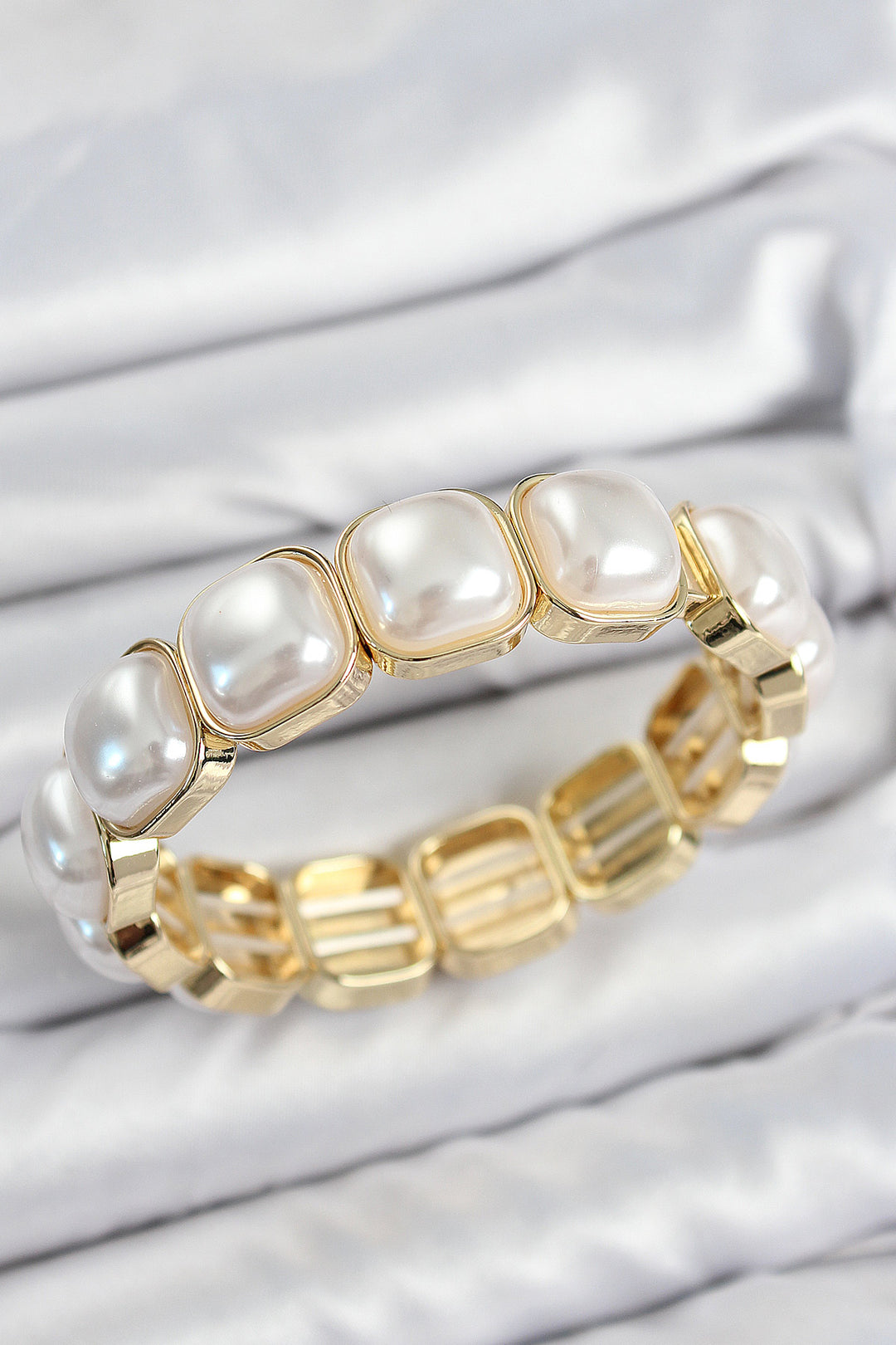 EBJ Rice Square Pearl Pattern Gold Color Elastic Women's Bracelet - Bloomington