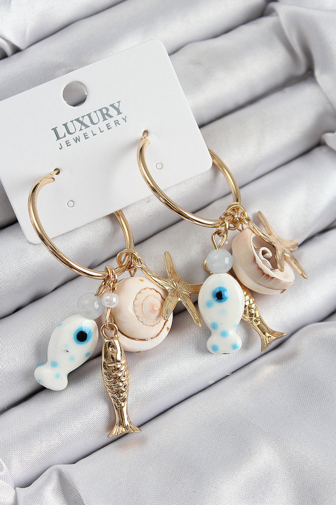 EBJ Rice Grain Dangle Ceramic Fish and Seashell Pattern Gold Color Women's Earrings - Lehrte