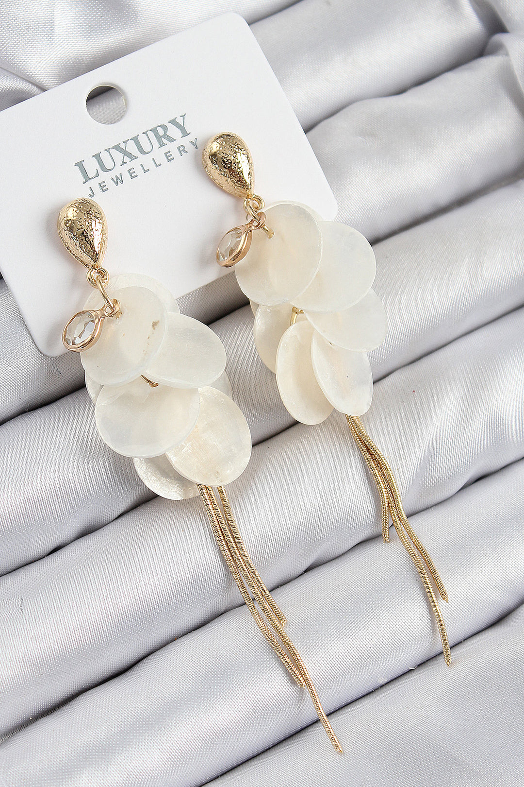 EBJ Rice Zircon Stone Dangle Mother of Pearl Model Gold Color Women's Earrings - San Luis Obispo