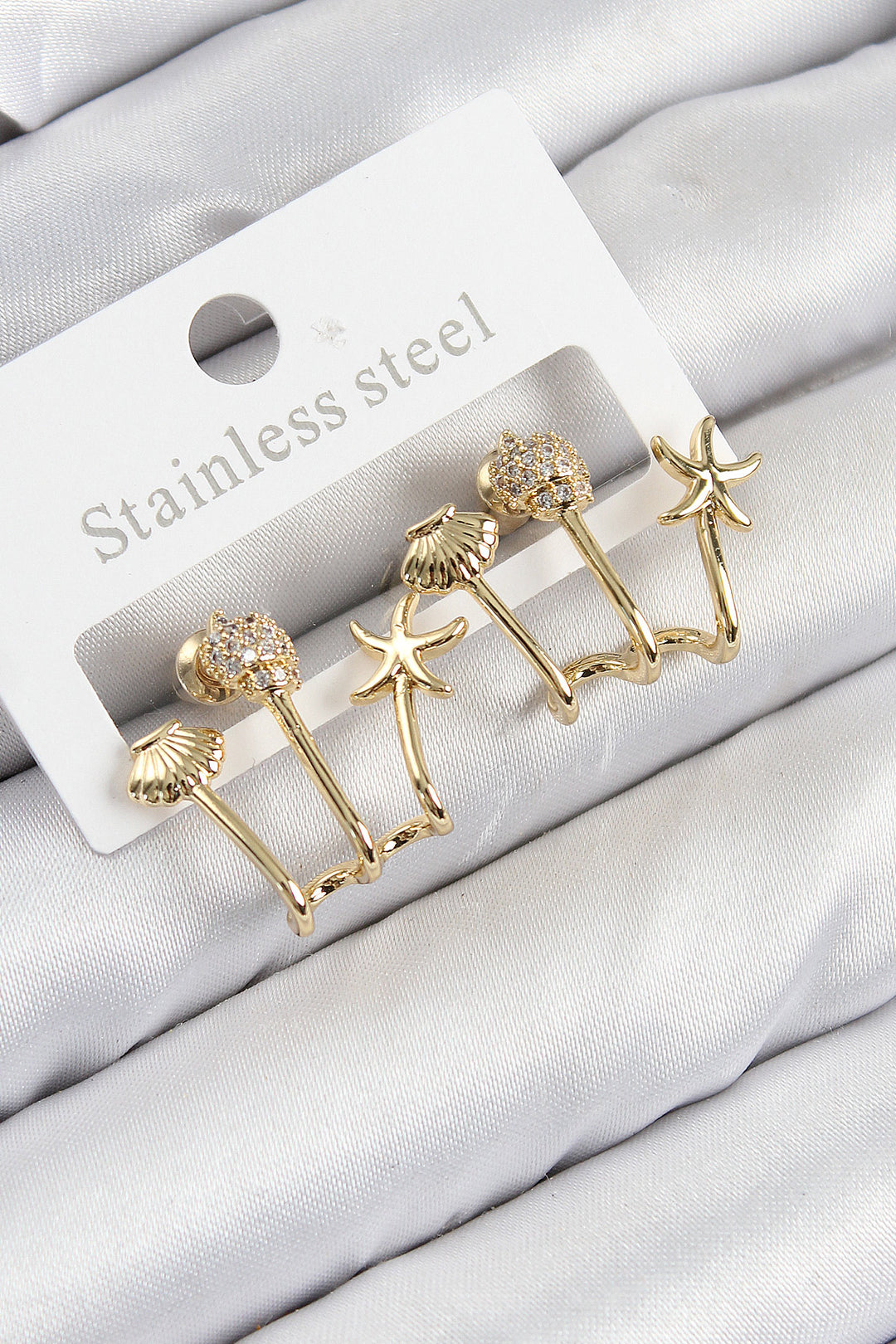 EBJ Rice Zircon Stone Starfish and Oyster Model Gold Color Women's Earrings - Drachten