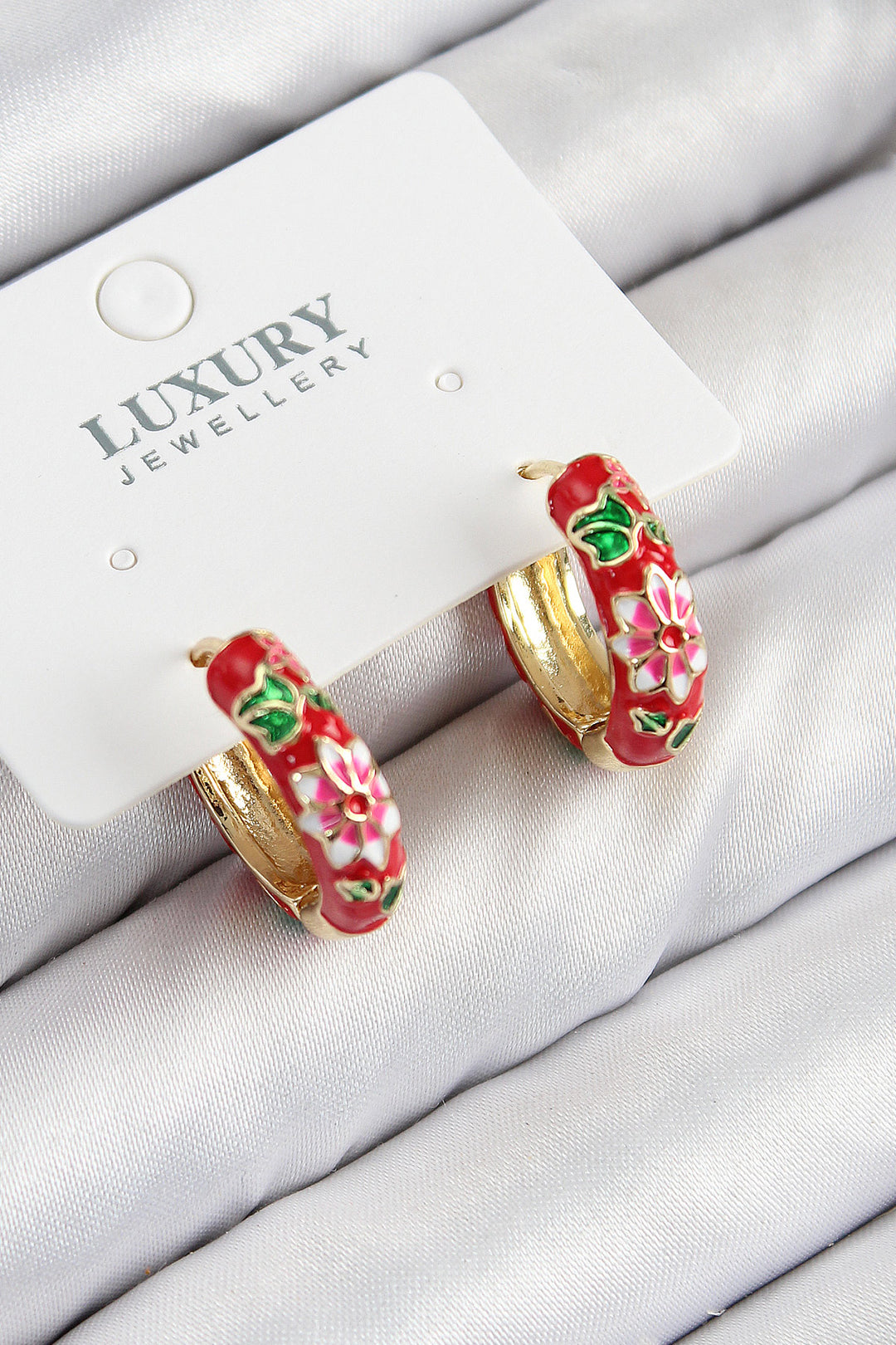 EBJ Gold Color Red Flower Embroidery Enamel Women Earrings - Calexico