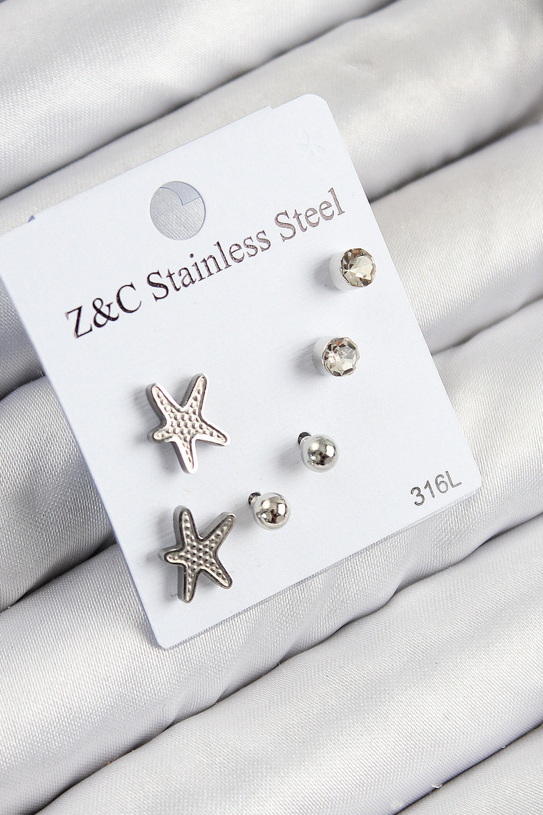 EBJ 316L Stainless Steel Zircon Stone Starfish Model Silver Color Women's Set Earrings - Bron