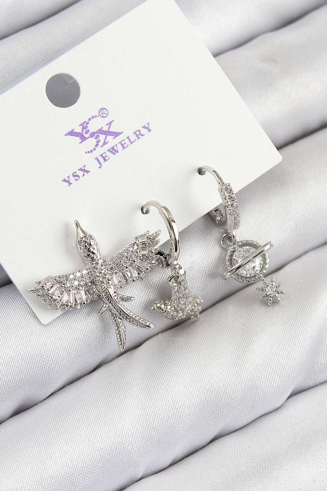 EBJ Rice Zircon Stone 3-Piece Bird Model Silver Color Women's Earring - Laindon