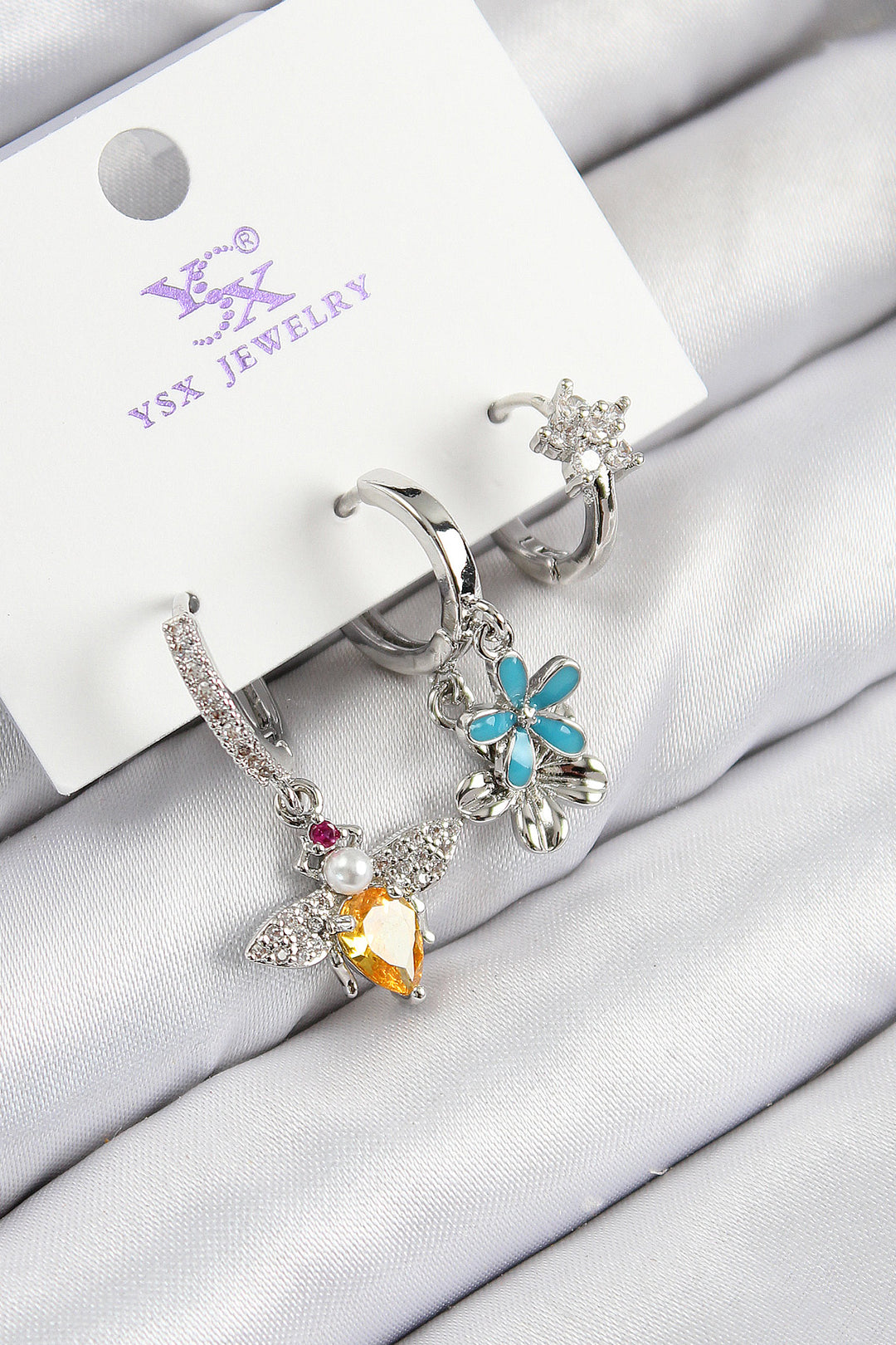 EBJ Rice Zircon Stone 3-Piece Bee and Flower Model Silver Color Women's Earrings - Carson