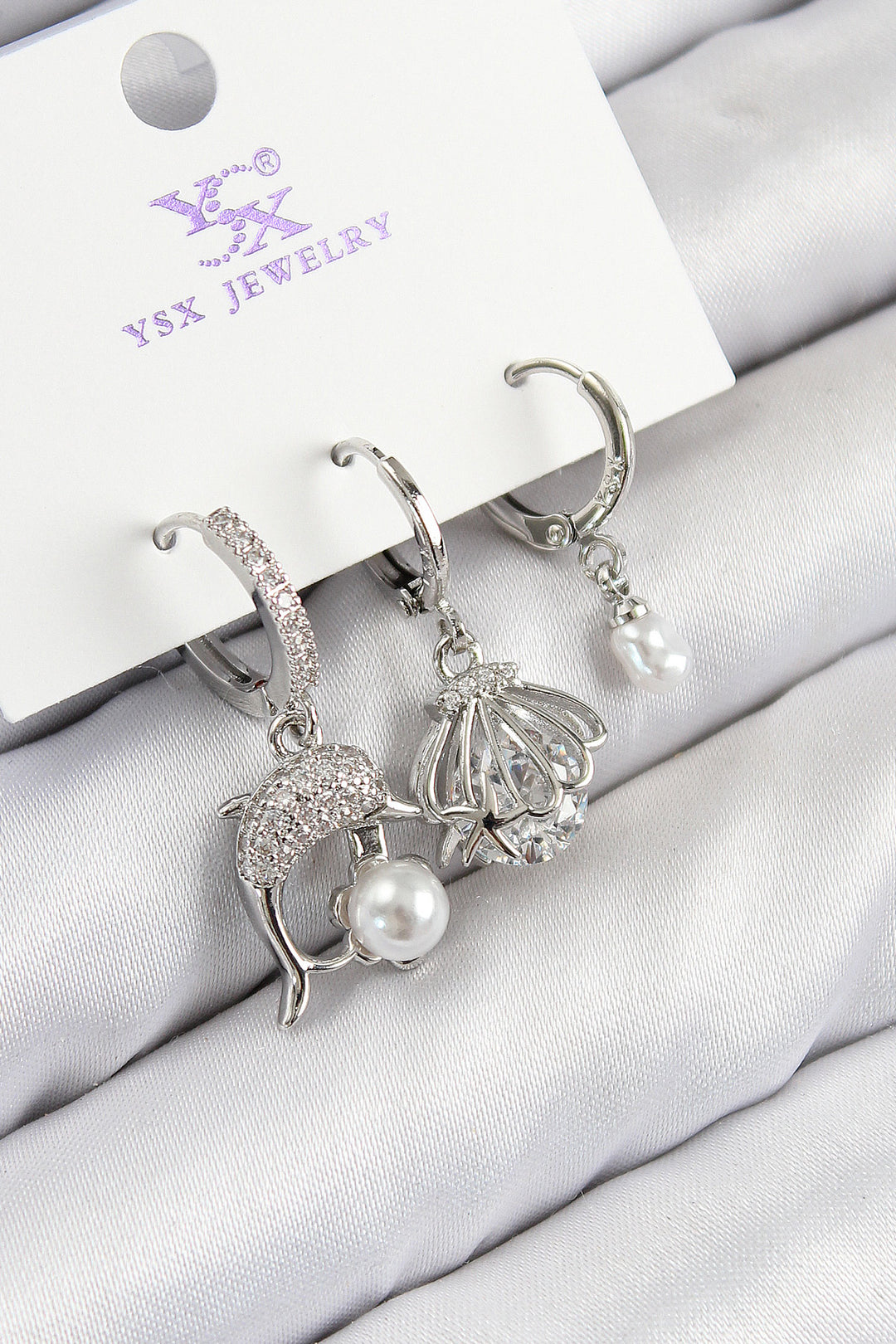 EBJ Silver Color Women's Earrings with Rice Zircon Stone 3-Piece Dolphin and Oyster Model - Delmenhorst