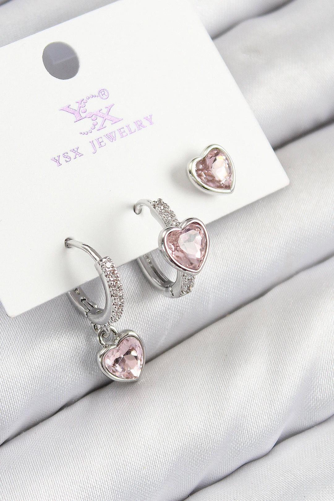 EBJ Rice Zircon Stone 3-Piece Pink Heart Model Silver Color Women's Earrings - Huatusco