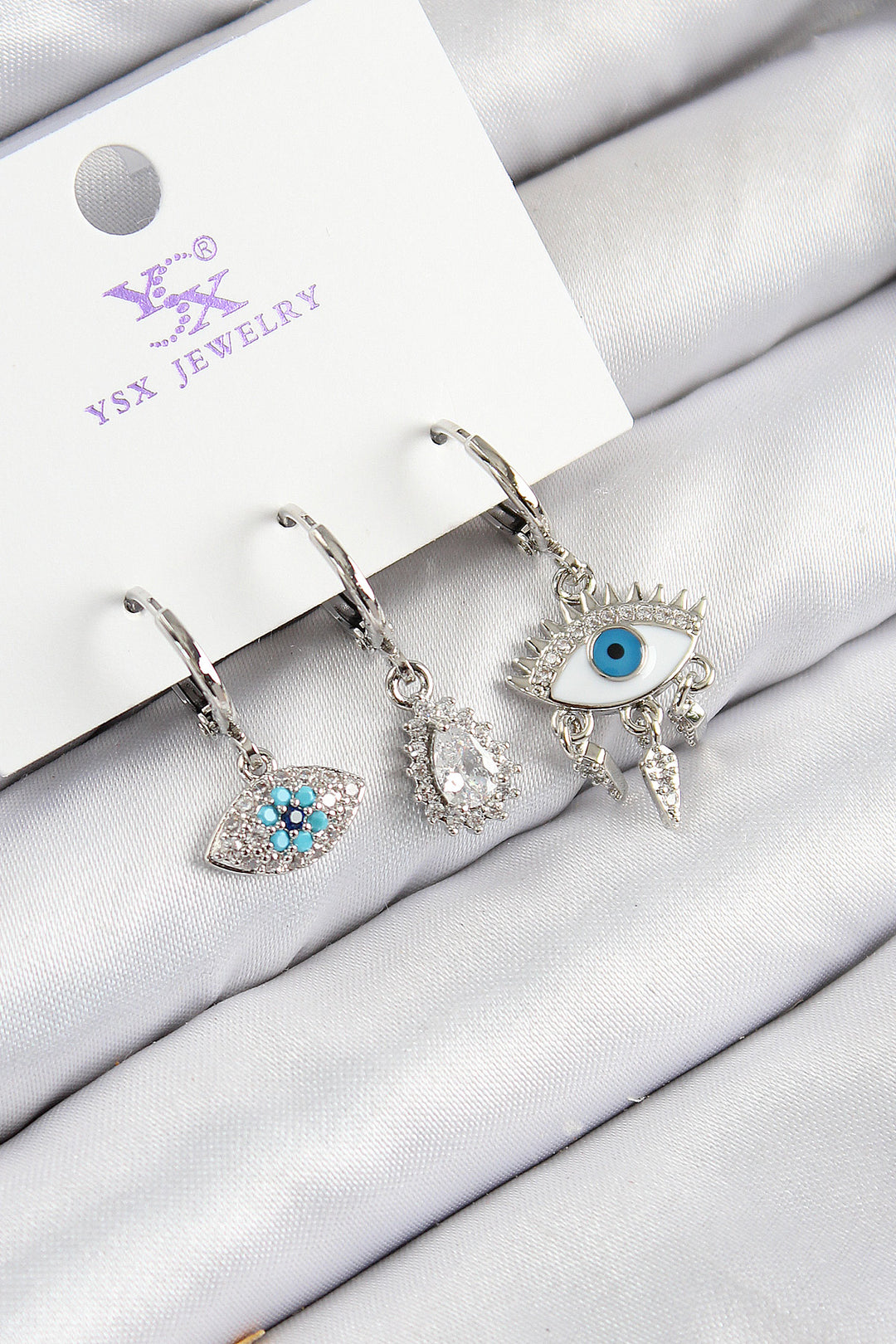EBJ Rice Zircon Stone 3-Piece Fatma's Eye Model Silver Color Women's Earring - A Coruña