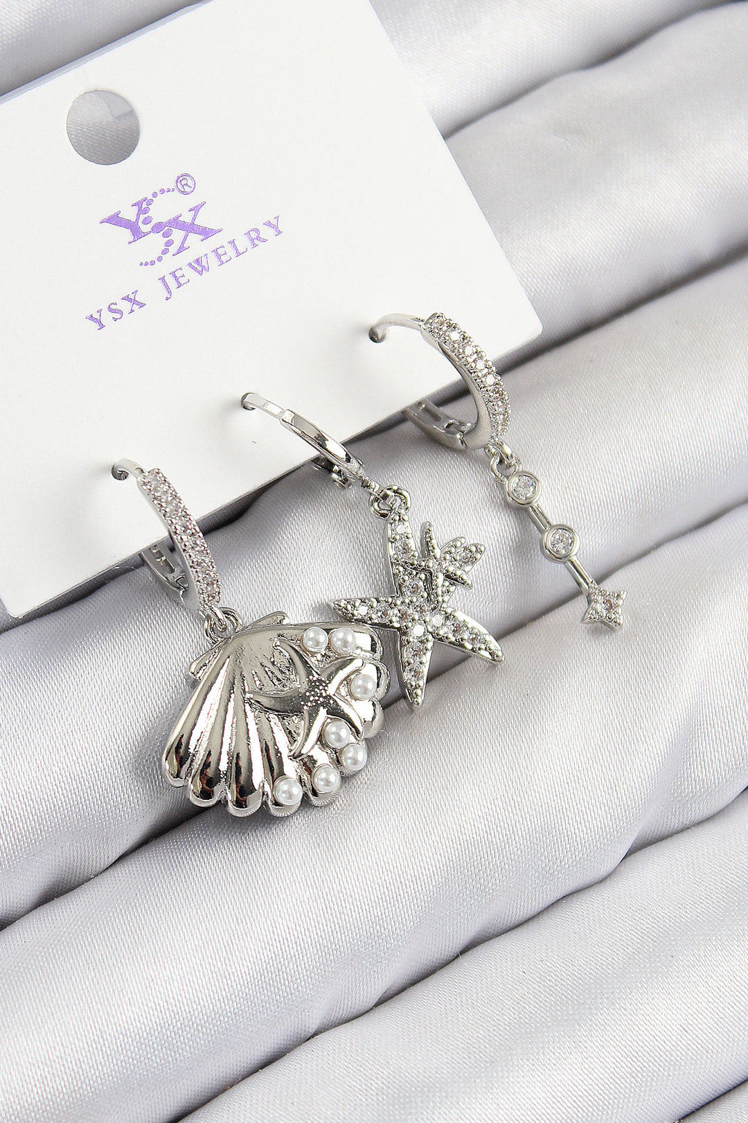 EBJ Rice Zircon Stone 3-Piece Star and Oyster Model Silver Color Women's Earring - Euclid