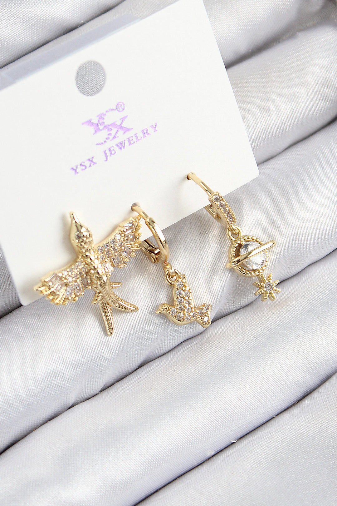 EBJ Rice Zircon Stone 3-Piece Bird Model Gold Color Women's Earrings - Ermezinde