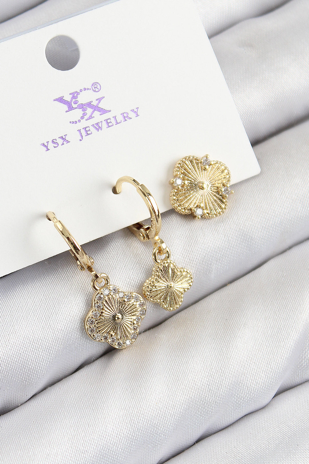 EBJ Rice Zircon Stone 3-Piece Clover Model Gold Color Women's Earrings - Tyler