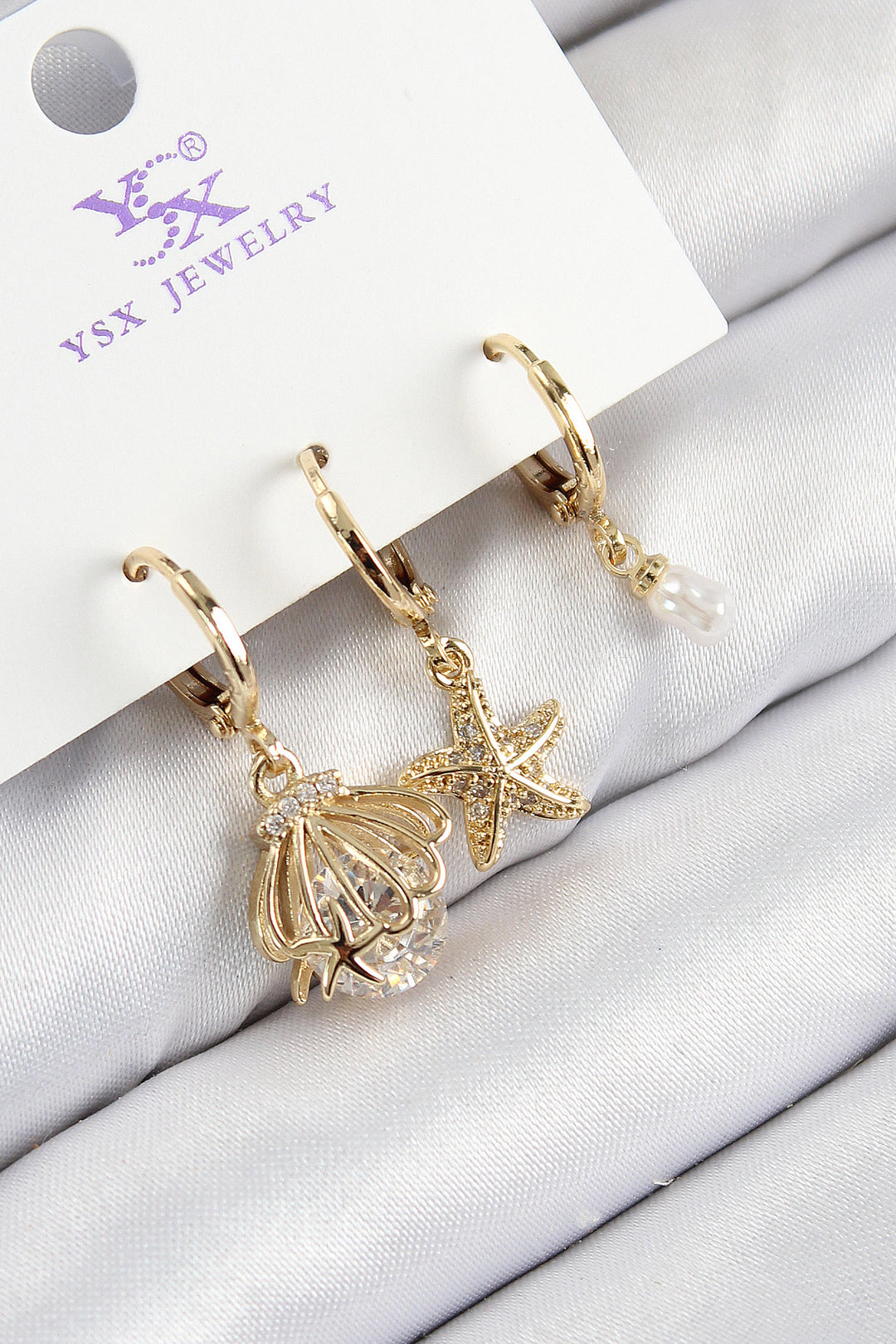 EBJ Rice Zircon Stone 3-Piece Oyster and Star Model Gold Color Women's Earrings - Chartres