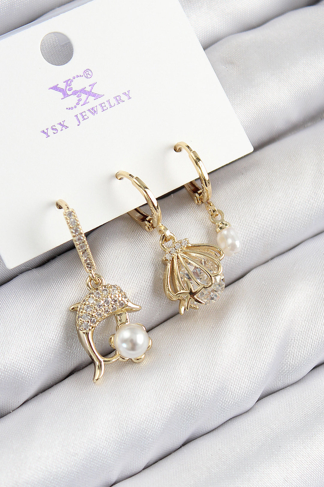 EBJ Rice Zircon Stone 3-Piece Dolphin and Oyster Model Gold Color Women's Earring - Redding