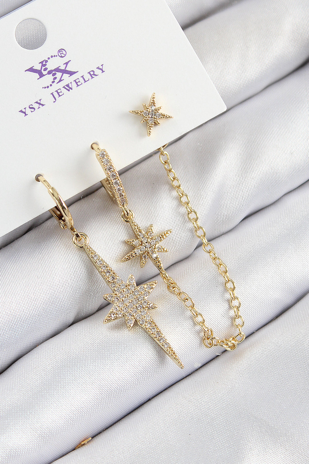 EBJ Rice Zircon Stone 3-Pole Star Model Gold Color Women's Earrings - Chaves