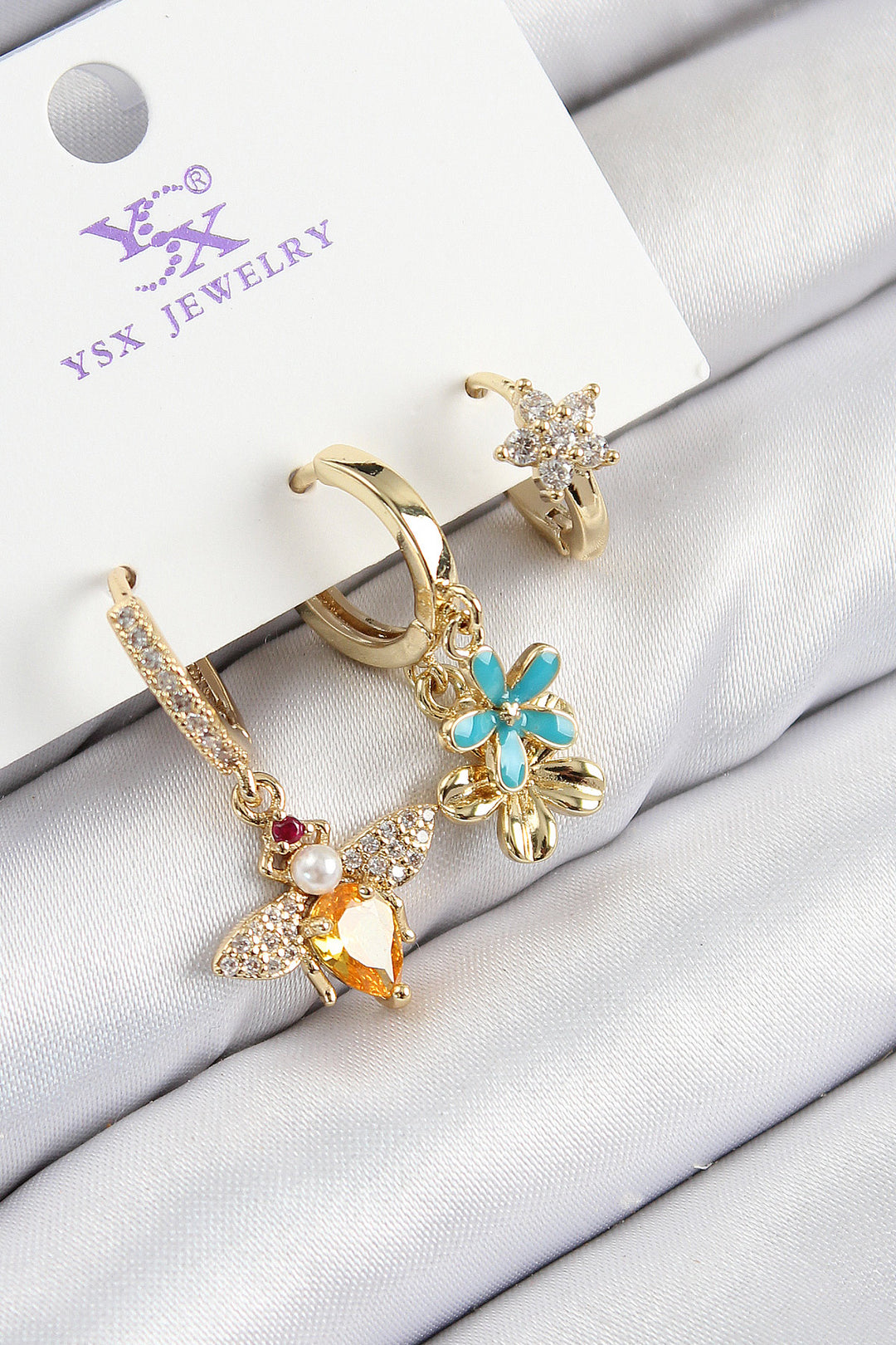 EBJ Rice Zircon Stone 3-Piece Bee and Flower Model Gold Color Women's Earrings - Walthamstow