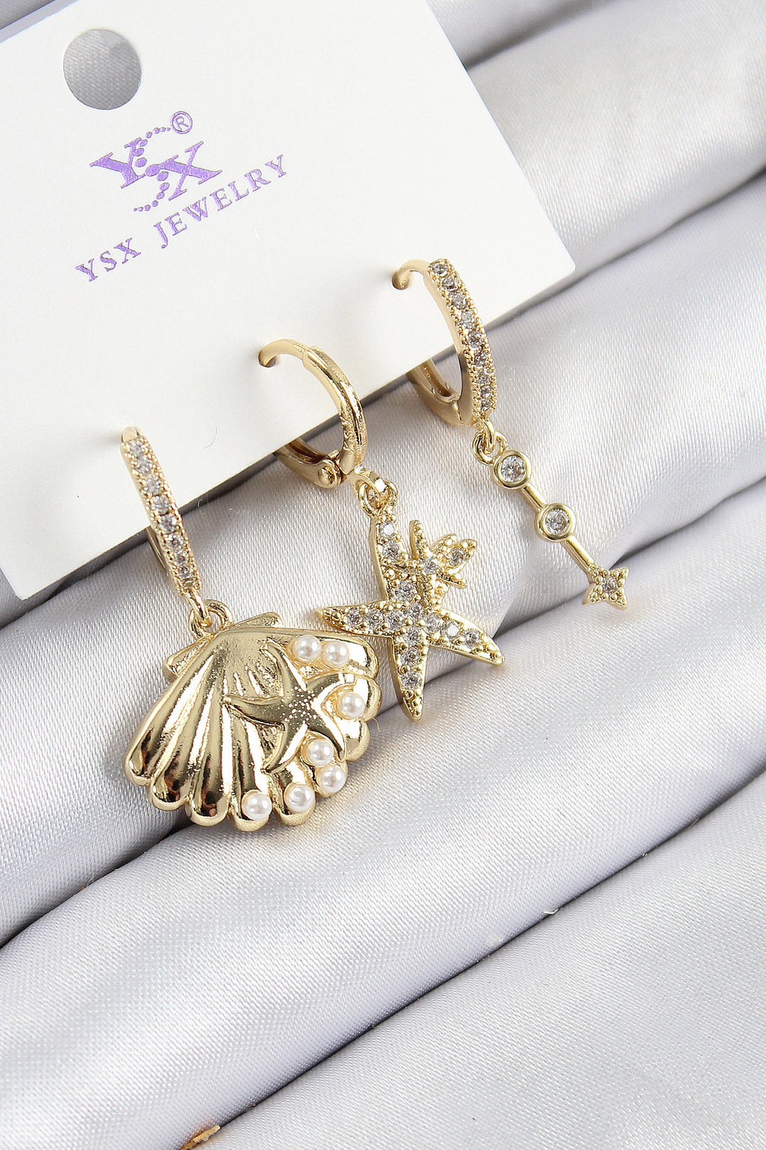 EBJ Rice Zircon Stone 3-Piece Oyster and Star Model Gold Color Women's Earrings - Deinze