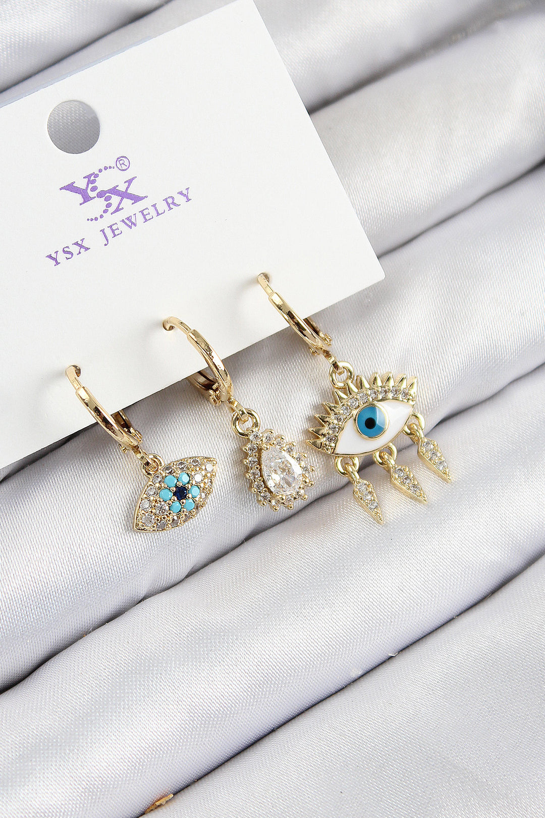EBJ Rice Zircon Stone 3-Piece Fatma's Eye Model Gold Color Women's Earrings - Neath
