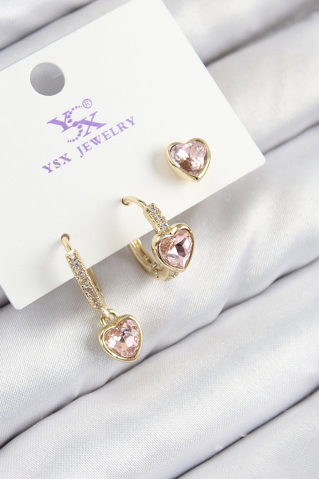 EBJ Rice Zircon Stone 3-Piece Pink Heart Model Gold Color Women's Earrings - Mississauga