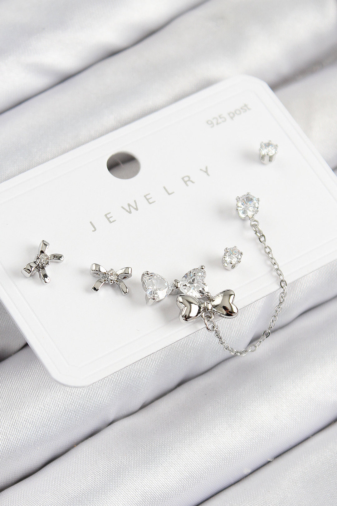 EBJ Rice Zircon Stone Bow Model Silver Color 925 Sterling Silver Nail Women Earring Set - Clearwater