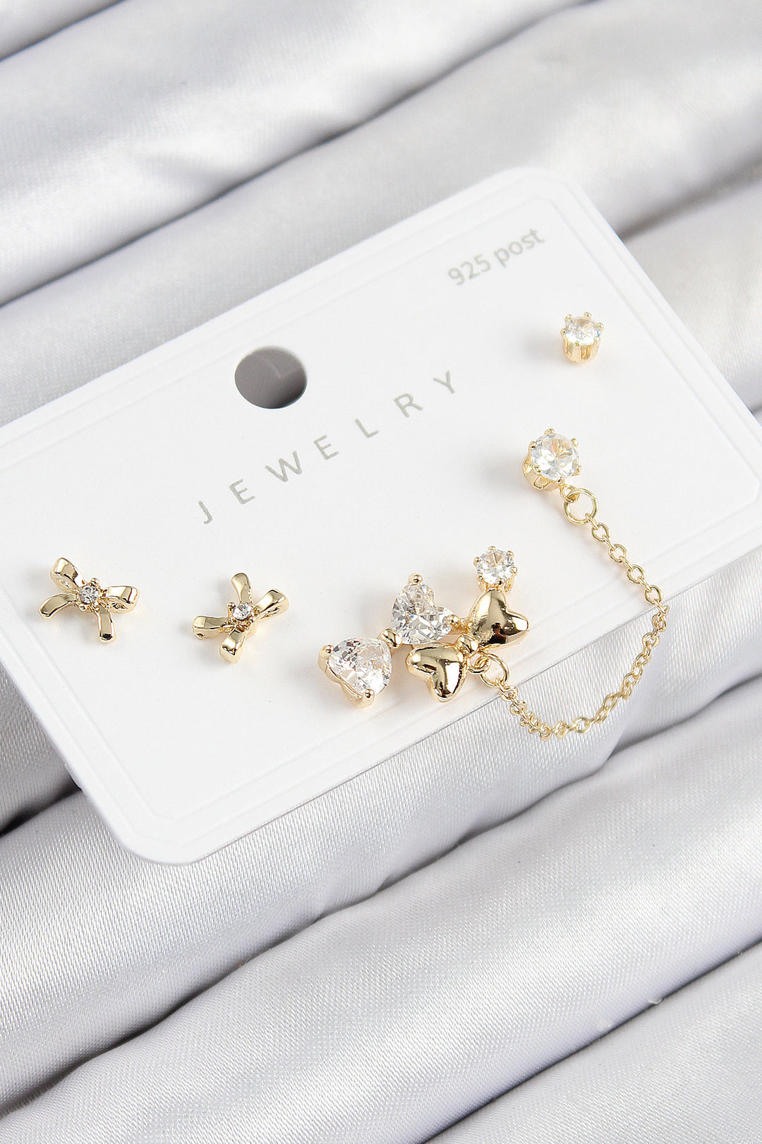 EBJ Rice Zircon Stone Bow Model Gold Color 925 Sterling Silver Nail Women Earring Set - Bollate