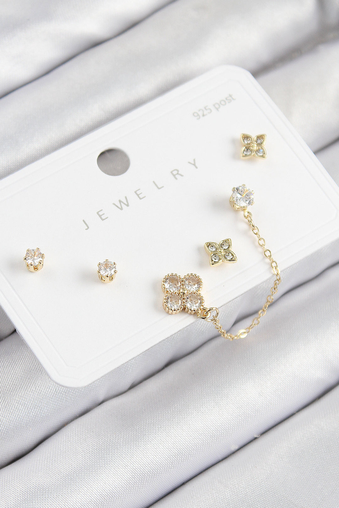 EBJ Rice Zircon Stone Clover Model Gold Color 925 Sterling Silver Nail Women Earring Set - The Acreage